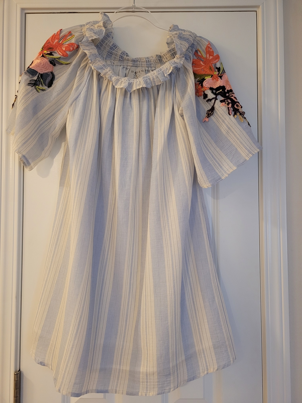 Hayden Cotton Blue and White Striped Dress with Floral Embroidered Sleeves